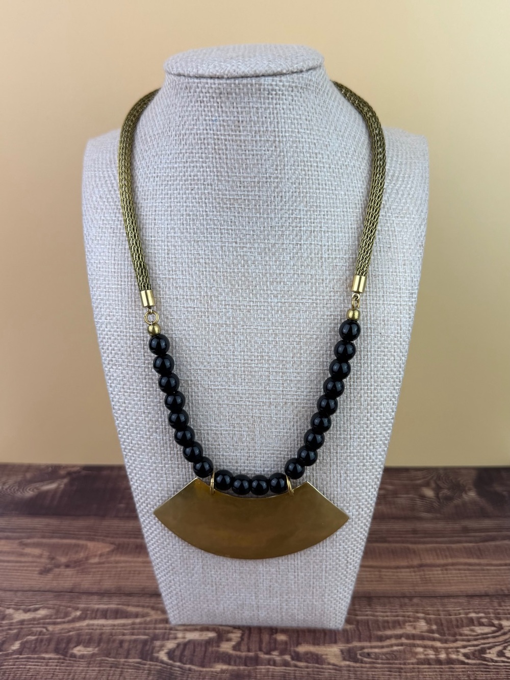 Marjorie Baer SF Brutalist Hammered Gold Tone Fan & Black Bead Necklace